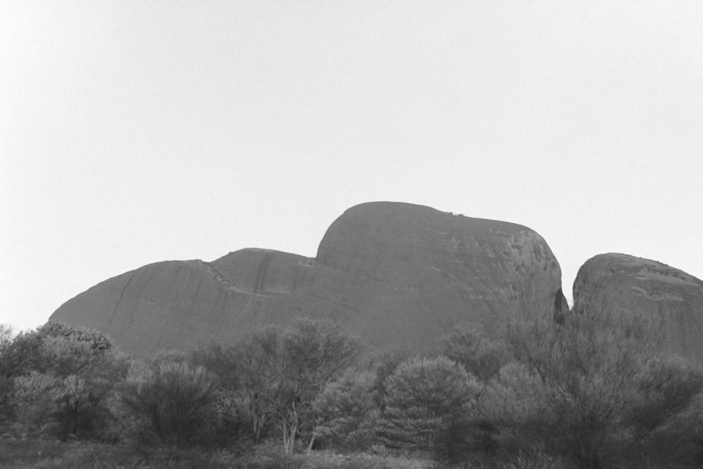 Black and white photo of Kata Tjuta at sunset