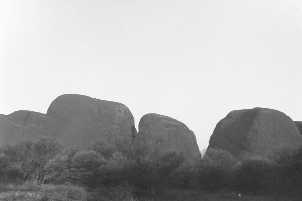 Black and white photo of Kata Tjuta at sunset