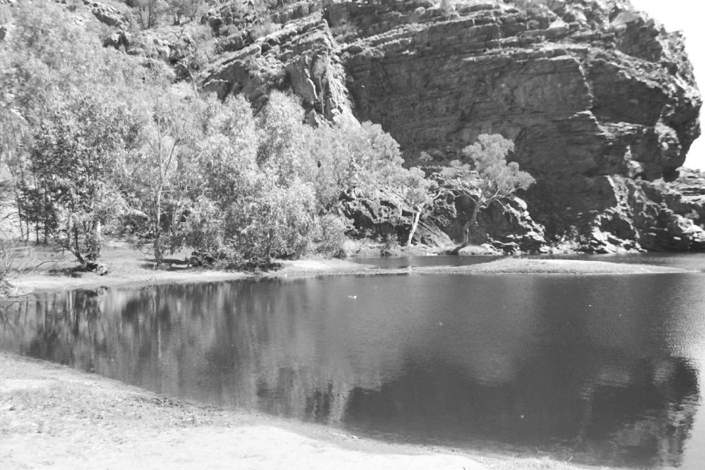 Black and white photograph of Ellery Creek Big Hole in the Northern Territory West McDonnell Ranges