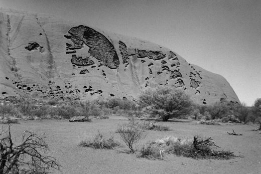 Black and white photograph of Uluru in the Northern Territory Uluru and Kata Tjuta National Park