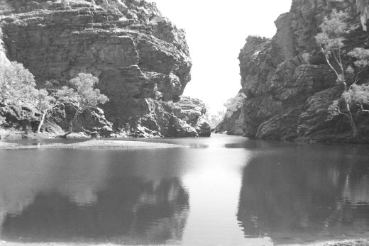 Black and white photograph of Ellery Creek Big Hole in the Northern Territory West McDonnell Ranges