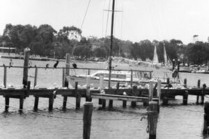 Black and white photograph of a boat tied to a jetty with birds sitting along the jetty in front