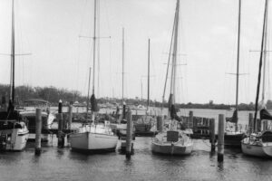 black and white photograph of boats moared at a jetty, with masts standing upright