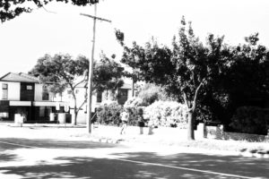 Black and white photograph of a suburban street with a man jogging along the footpath