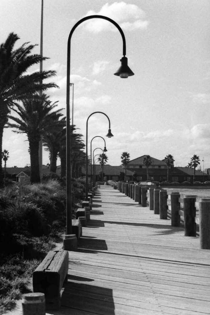 Black and white photo of a wooden walk way along a beach, lined with curved lamp posts