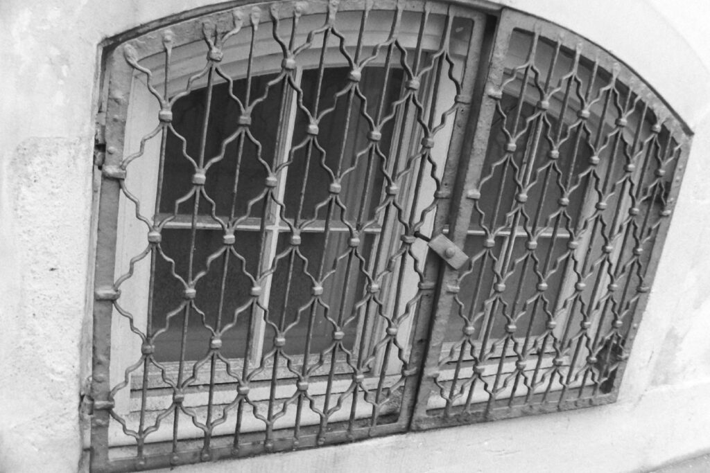 Black and white photo of street level windows with a decorative iron shutter across them.