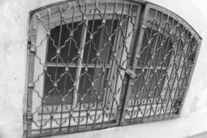 Black and white photo of street level windows with a decorative iron shutter across them.