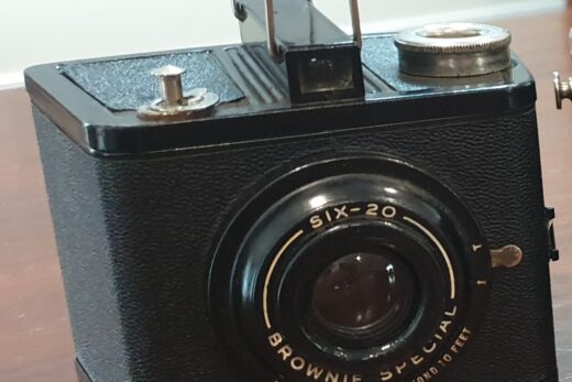 Colour photograph of a Kodak Brownie Six-20 Special box camera.