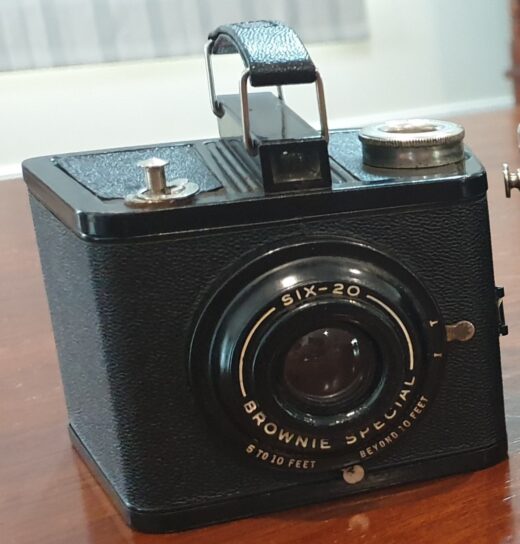 Colour photograph of a Kodak Brownie Six-20 Special box camera.