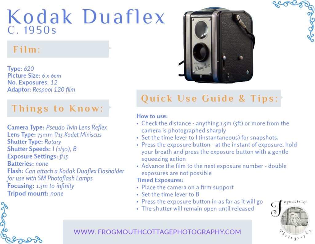 A quick reference guide for the Kodak Duaflex camera, containg film and camera specifications and a guide and tips for using the camera.