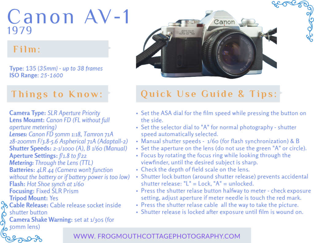 Specifications and quick use guide and tips for a Canon AV-1 camera.