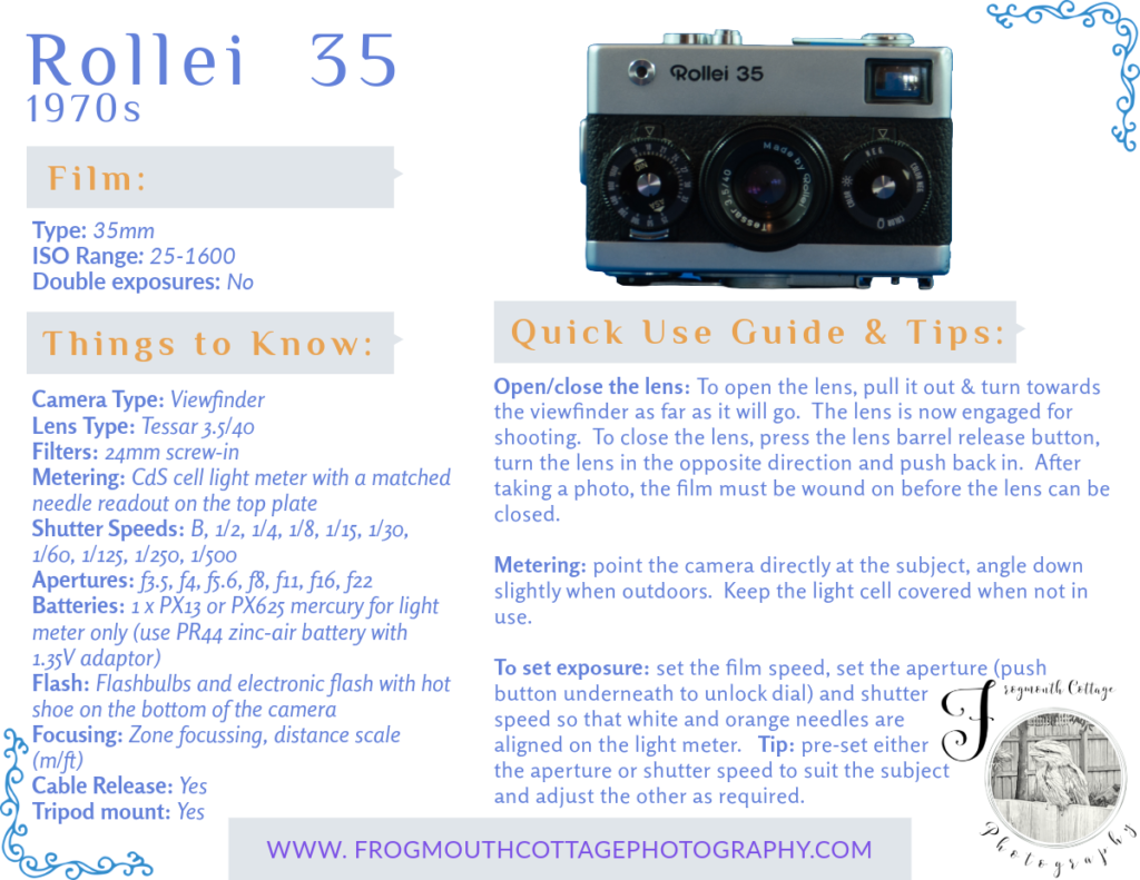 Quick reference guide for a Rollei 35 camera