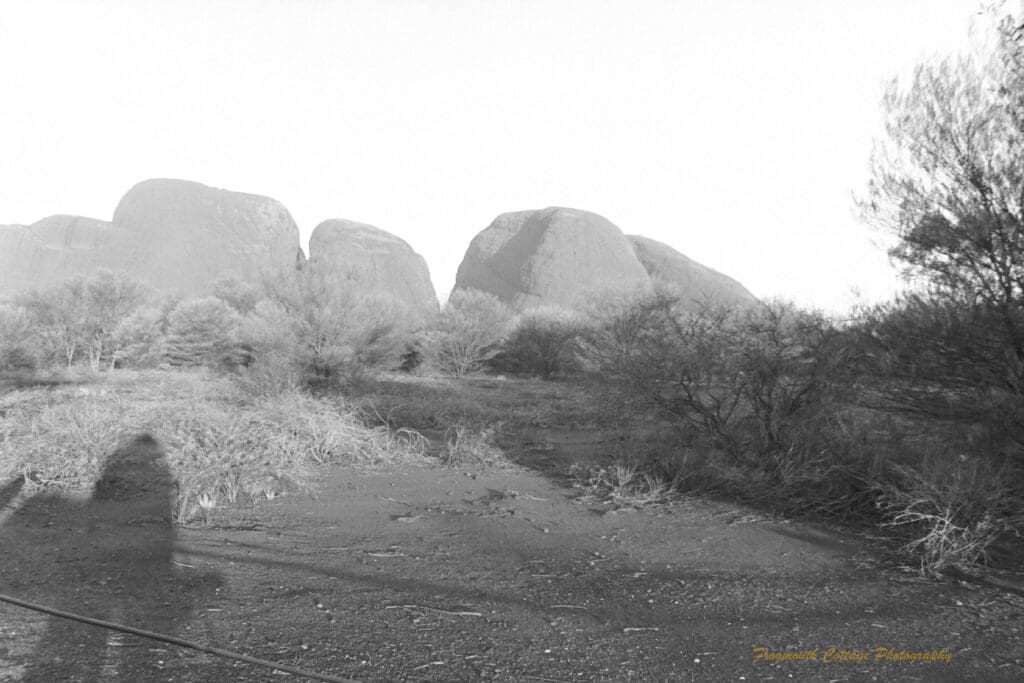 Black and white photograph of several rock formations with bushy scrubland in the foreground. There is a shadow of the photographer on the lefthand side of the image.