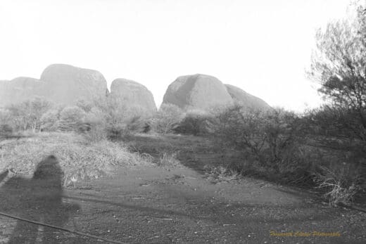 Black and white photograph of several rock formations with bushy scrubland in the foreground. There is a shadow of the photographer on the lefthand side of the image.
