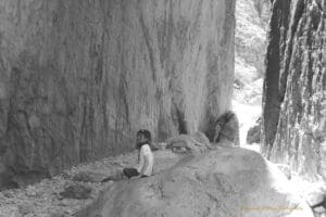 Black and white photo of a young boy sitting on a rock between two shear rock faces. He's looking up. A man is standing in the background at the end of the chasm.