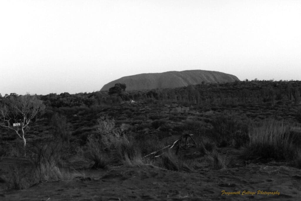 Black and white photograph of a long large rock (Uluru) rising above scrubby bush land in low light. The horizon is on an angle rising from left to right.